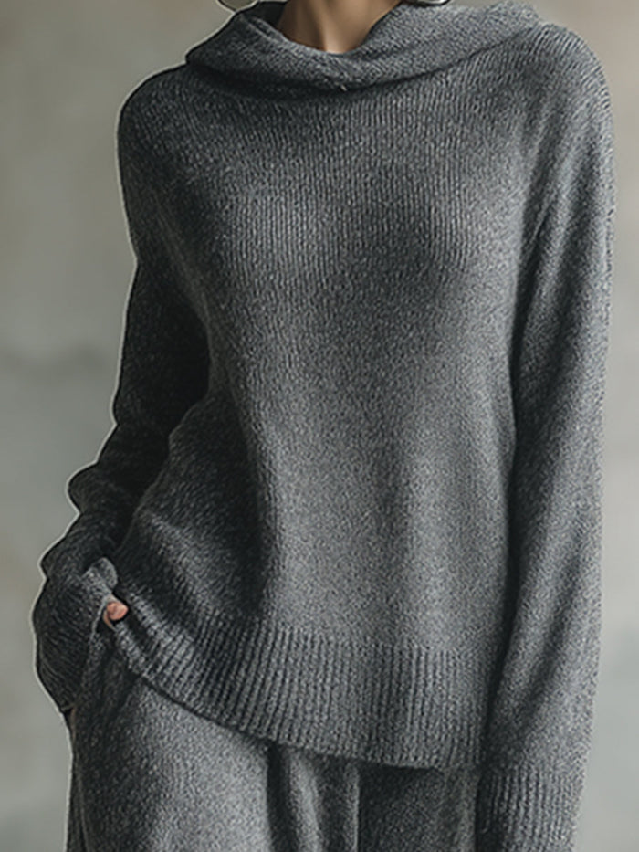 Elegant Minimalist Gray Hooded Sweater Skirt Set  - By Qivii