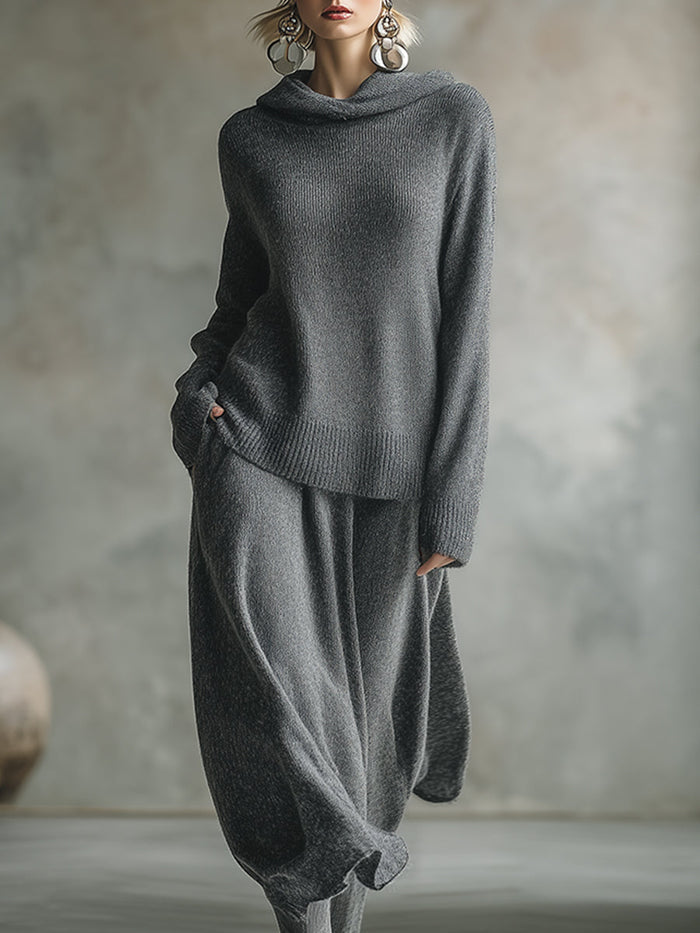 Elegant Minimalist Gray Hooded Sweater Skirt Set  - By Qivii