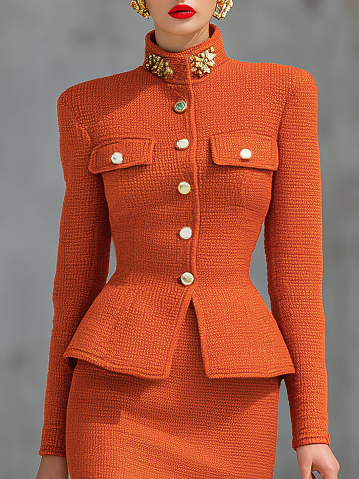 Elegant Stand-collar Knitted Cardigan And Skirt Set  - By Qivii
