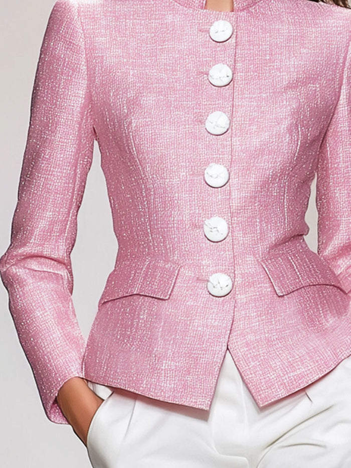 Elegant Stand-up Collar Single-breasted Tweed Jacket  - By Qivii