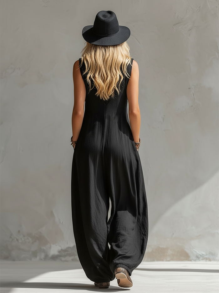 Elegant Urban-style Black Cotton And Linen Sleeveless Jumpsuit  - By Qivii