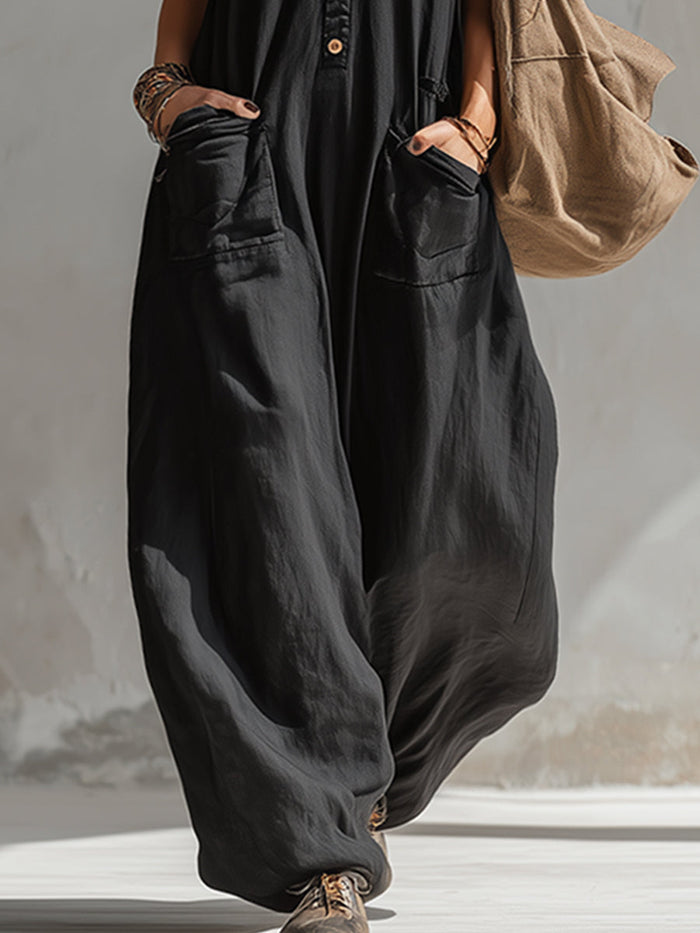 Elegant Urban-style Black Cotton And Linen Sleeveless Jumpsuit  - By Qivii