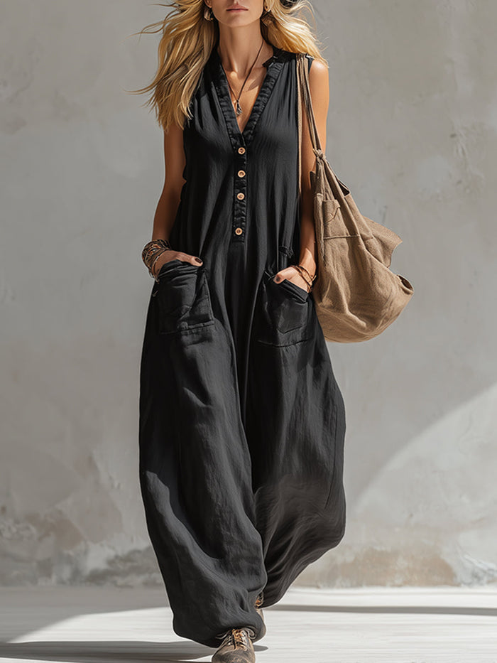 Elegant Urban-style Black Cotton And Linen Sleeveless Jumpsuit  - By Qivii