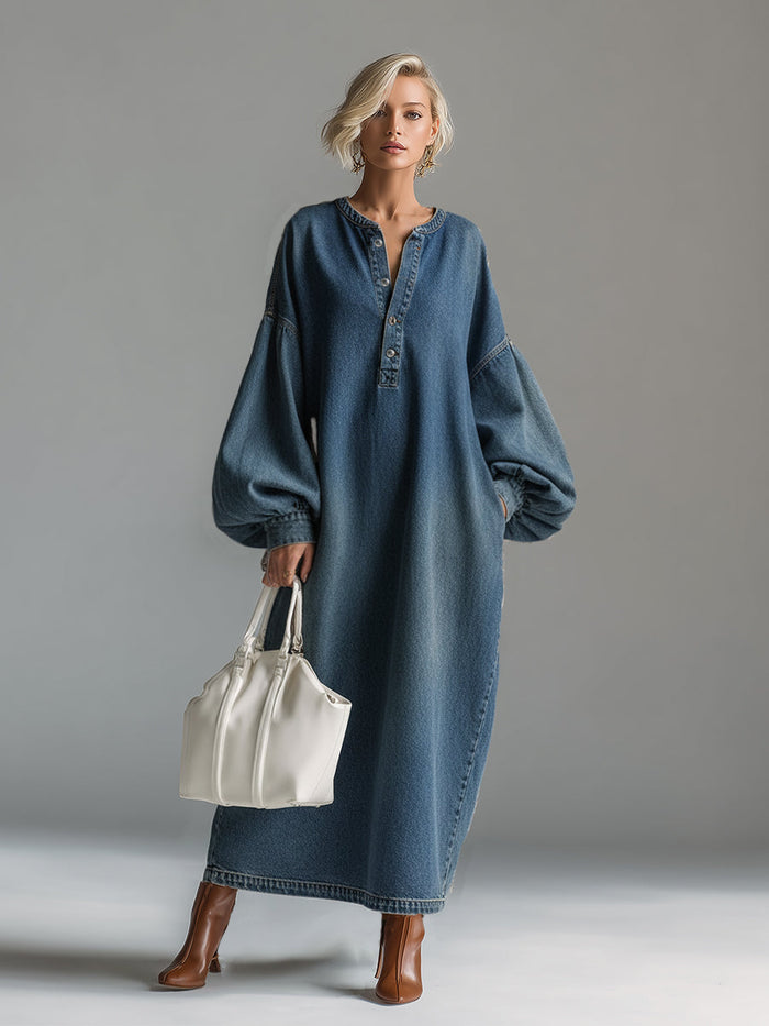 Elegant Urban-style Blue Denim Button-down Maxi Dress  - By Qivii