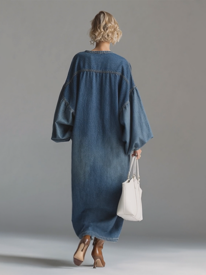 Elegant Urban-style Blue Denim Button-down Maxi Dress  - By Qivii
