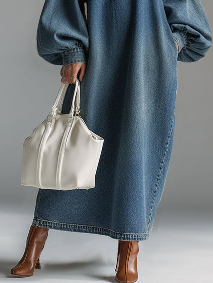 Elegant Urban-style Blue Denim Button-down Maxi Dress  - By Qivii