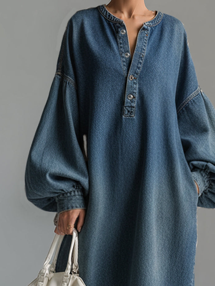 Elegant Urban-style Blue Denim Button-down Maxi Dress  - By Qivii