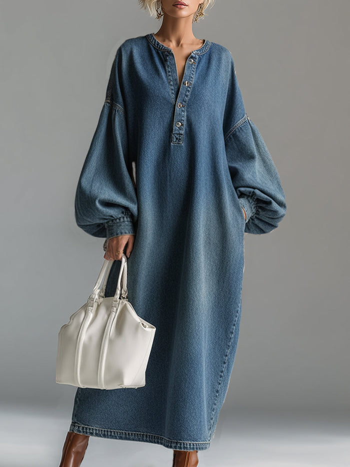 Elegant Urban-style Blue Denim Button-down Maxi Dress  - By Qivii