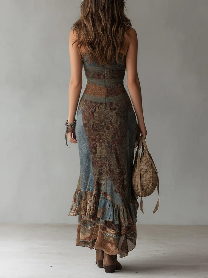 Elena | Bold One-Shoulder Printed Maxi Dress with Ruffled Slit by Qivii