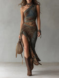 Elena | Bold One-Shoulder Printed Maxi Dress with Ruffled Slit by Qivii
