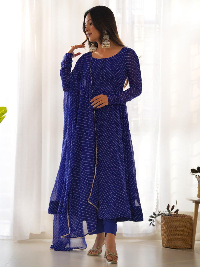 Enchanting Blue Laheriya Printed Georgette Event Wear Anarkali Suit with intricate detailing