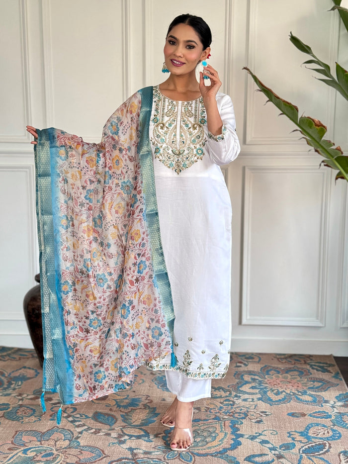 White Chanderi Silk Pant Suit with Intricate Embroidery for Events