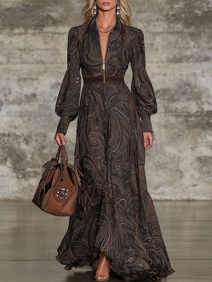 Fashion Retro Paisley Pattern Zipper Maxi Dress  - By Qivii