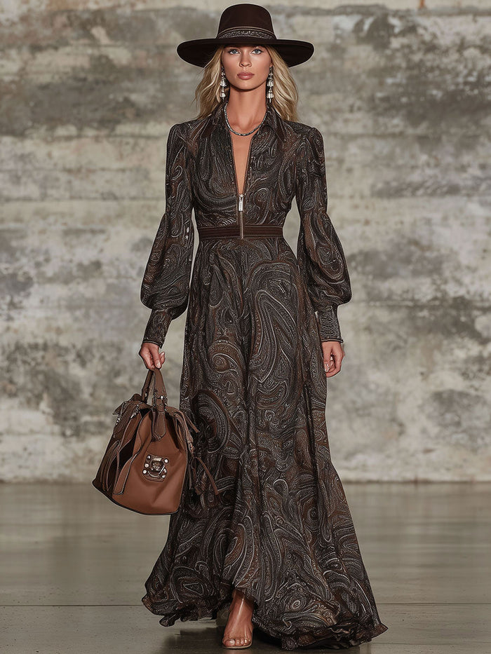 Fashion Retro Paisley Pattern Zipper Maxi Dress  - By Qivii