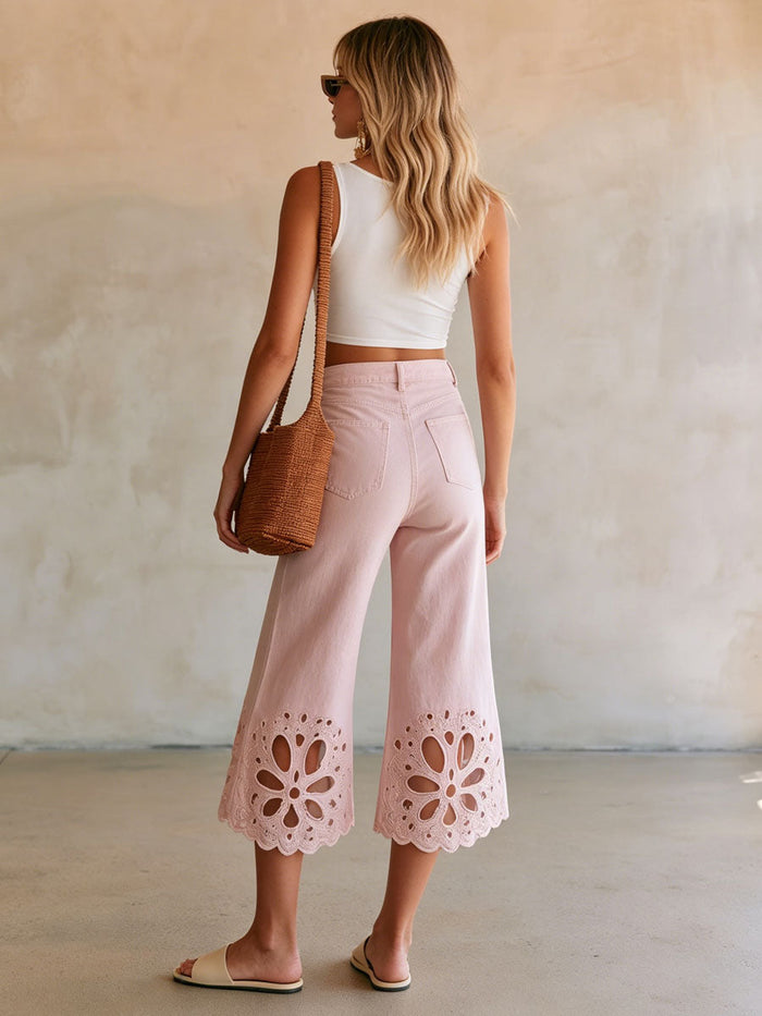 Fashionable Retro-style Cutout Embroidered Cropped Pink Jeans  - By Qivii