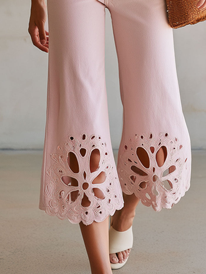 Fashionable Retro-style Cutout Embroidered Cropped Pink Jeans  - By Qivii