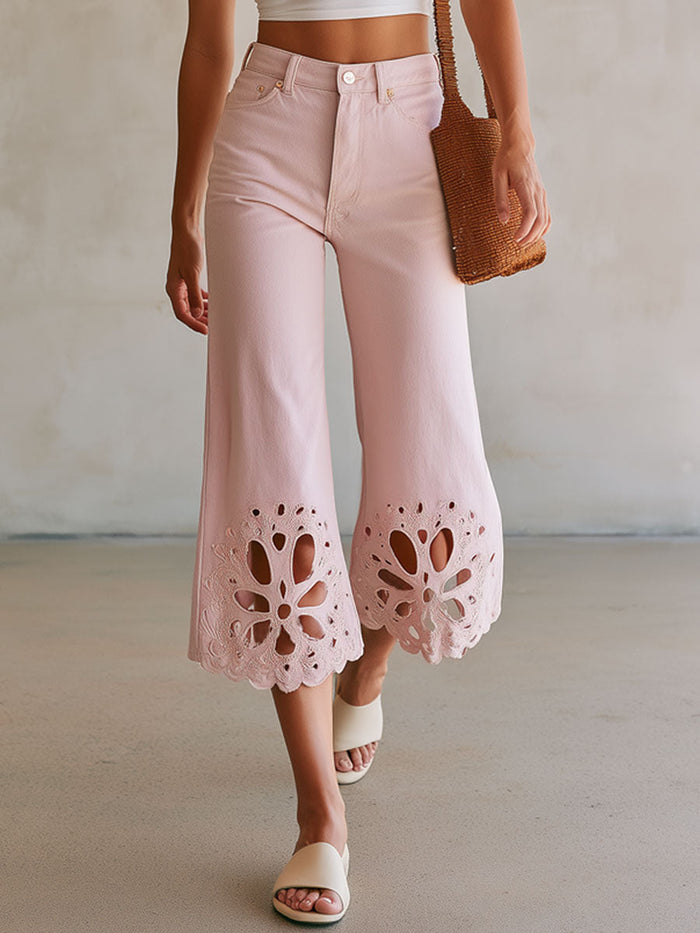 Fashionable Retro-style Cutout Embroidered Cropped Pink Jeans  - By Qivii