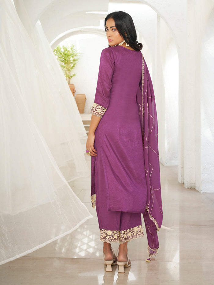 Floral and Geometric Threadwork Plum Kurta Set with Hanging Pearl Daman, Straight Pant, and Dupatta