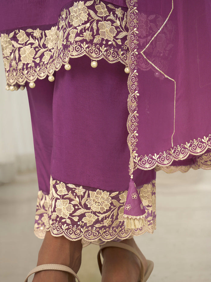 Floral and Geometric Threadwork Plum Kurta Set with Hanging Pearl Daman, Straight Pant, and Dupatta