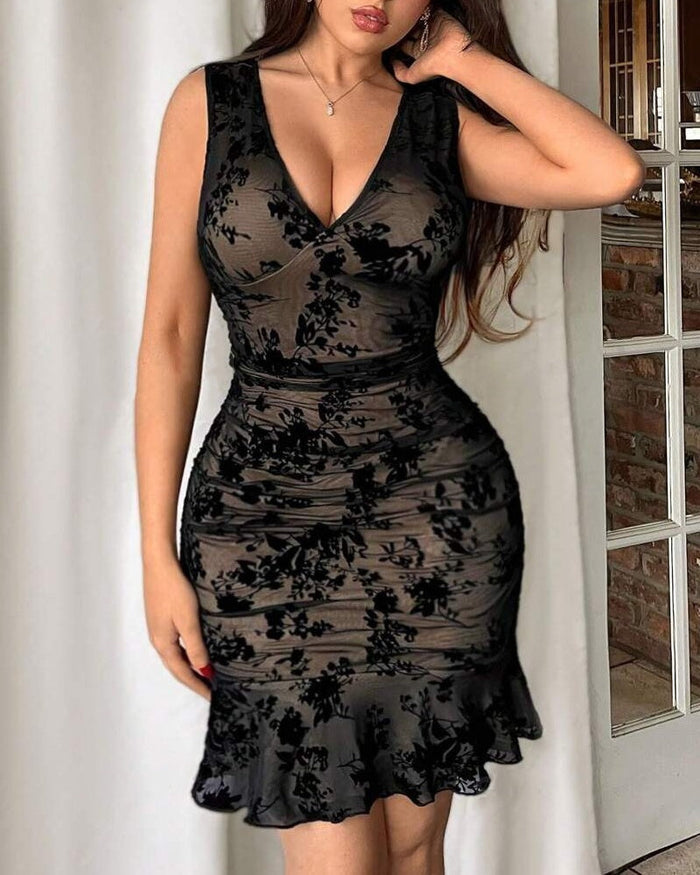 Floral Mesh V Neck Ruffle Bodycon Midi Dress for Women  - By Qivii