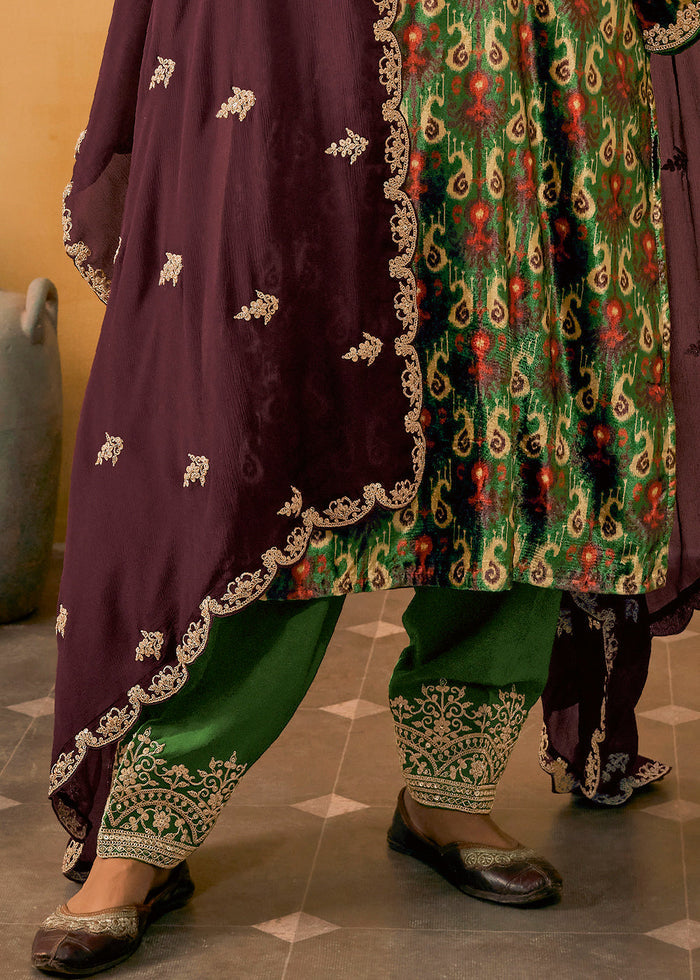Forest Green Velvet Salwar Suit with Embroidery work - qivii