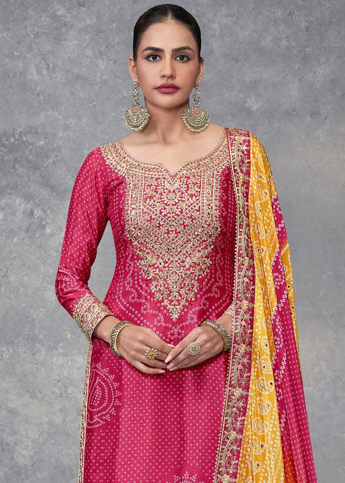 Frence Rose Pink Bandhani Printed Chinon Silk Plazzo Suit Having Embroidery with Mirror Work - qivii