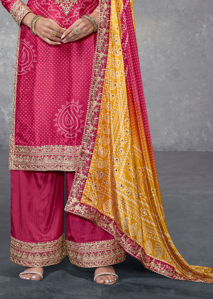 Frence Rose Pink Bandhani Printed Chinon Silk Plazzo Suit Having Embroidery with Mirror Work - qivii