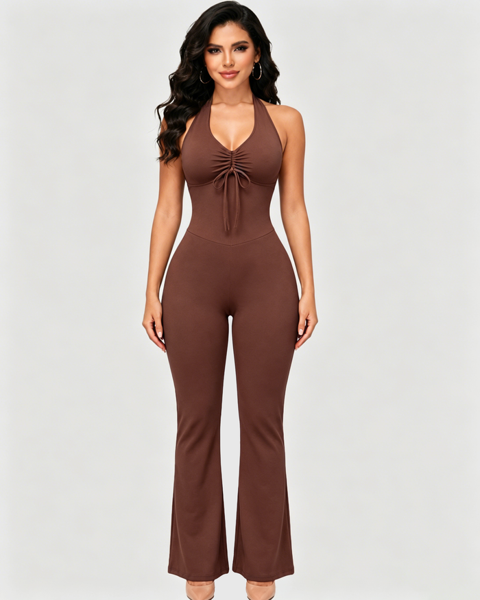 Front Drawstring Halter Mesh Back Flare Leg Jumpsuit  - By Qivii