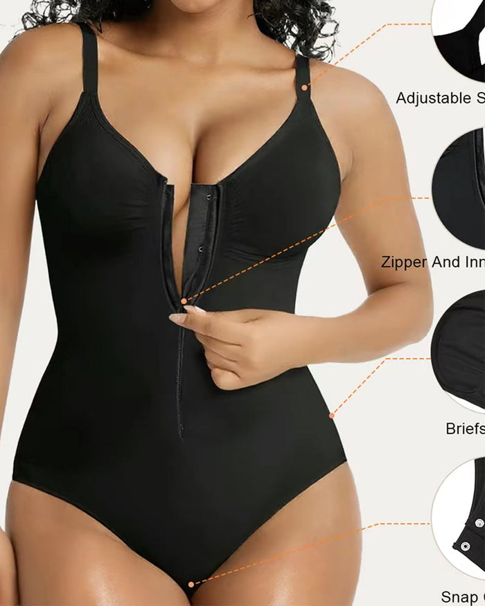 Front Zipper Tummy Control Triangle Shapewear Bodysuit  - By Qivii