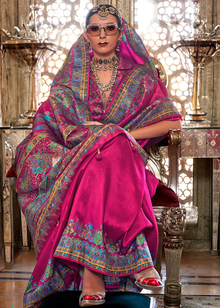 Fuchsia Pink Silk Saree With Luxury Print And Glory Finish - qivii