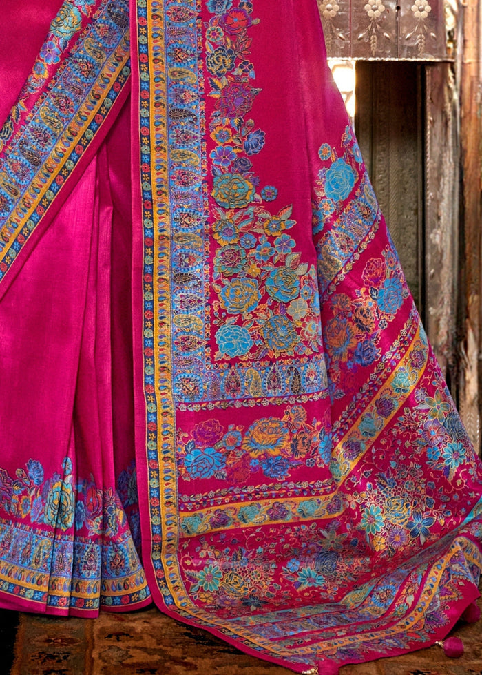Fuchsia Pink Silk Saree With Luxury Print And Glory Finish - qivii