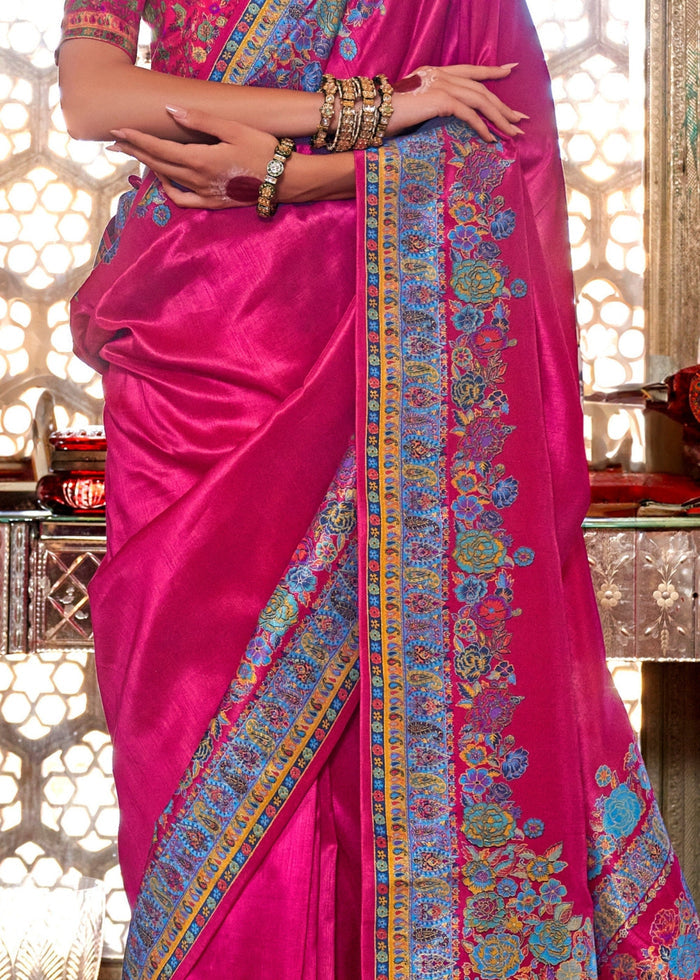 Fuchsia Pink Silk Saree With Luxury Print And Glory Finish - qivii