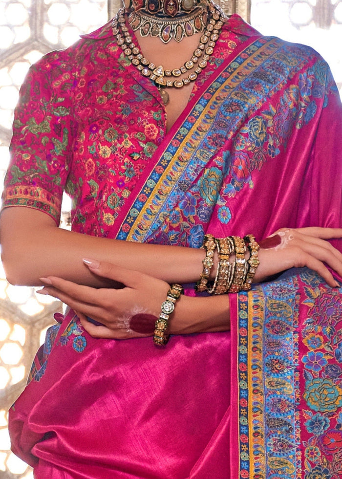 Fuchsia Pink Silk Saree With Luxury Print And Glory Finish - qivii