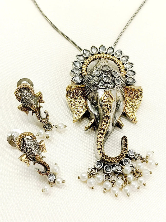 Gavya White Ganesh Ji Oxidized Pendant Set