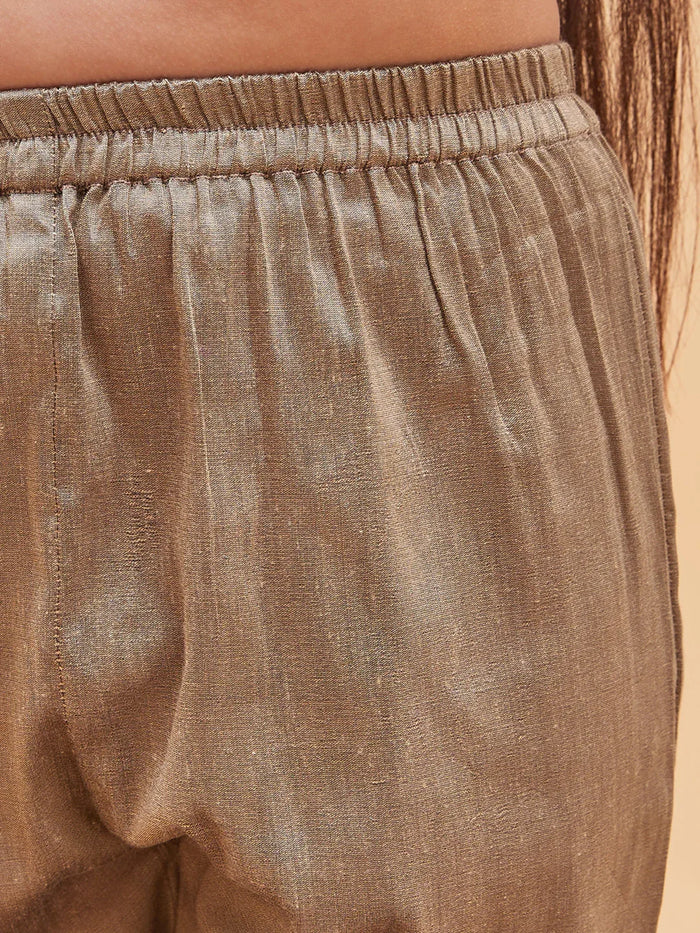 Girl's Brown Anarkali Kurta Pyjama Set With Potli Bag