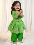 Girls Green Cotton Bandhani Kurta Patiala Set with Digital Print