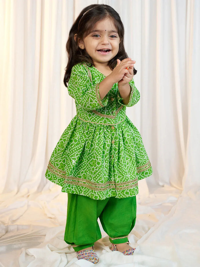 Girls Green Cotton Bandhani Kurta Patiala Set with Digital Print