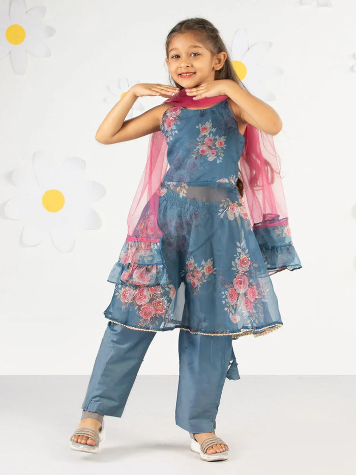 Girl's' Grey Floral Printed Anarkali And Pyjama With Ruffled Dupatta Set