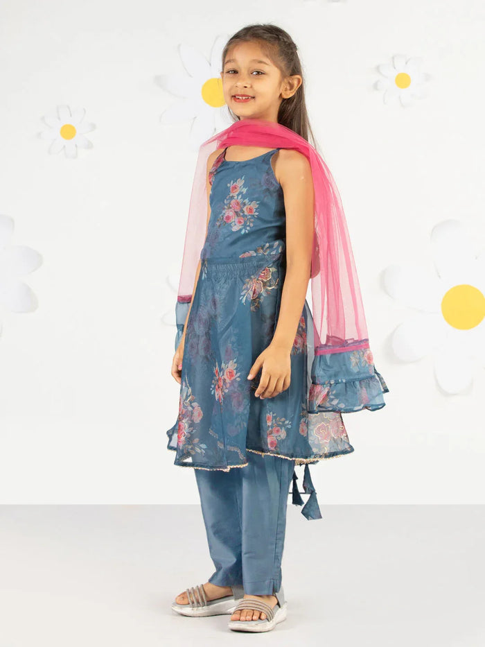 Girl's' Grey Floral Printed Anarkali And Pyjama With Ruffled Dupatta Set