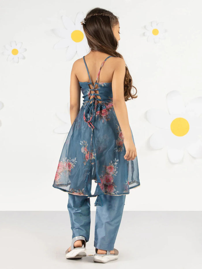 Girl's' Grey Floral Printed Anarkali And Pyjama With Ruffled Dupatta Set