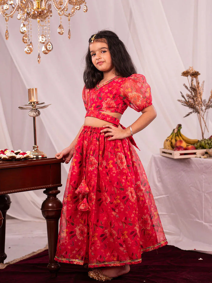 Girl's' Pink Printed Organza Lehenga Set