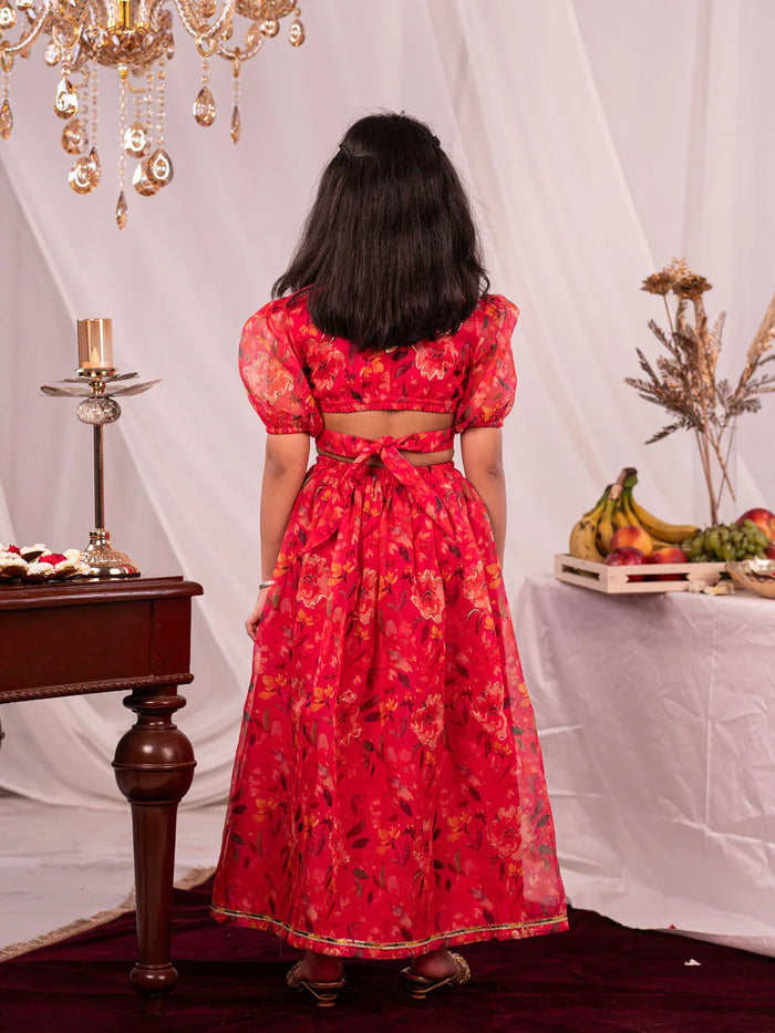 Girl's' Pink Printed Organza Lehenga Set
