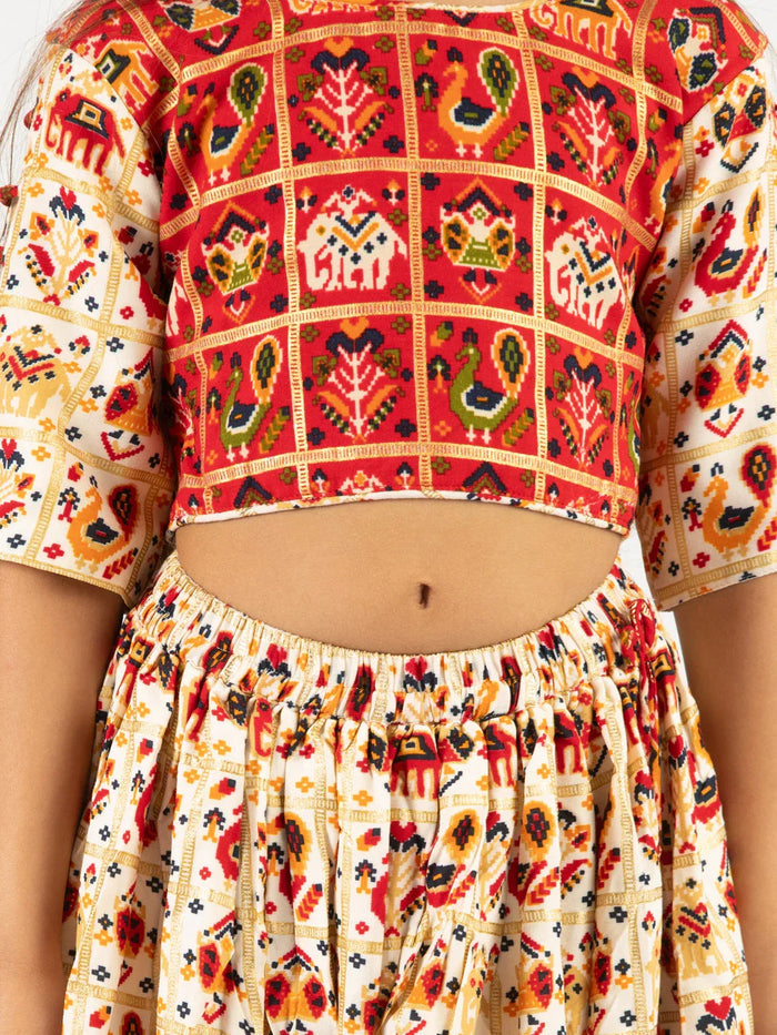 Girl's' Red And Cream Patola Print Lehenga Set