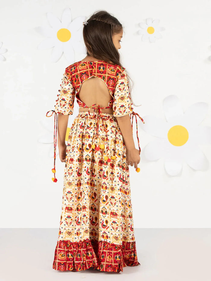 Girl's' Red And Cream Patola Print Lehenga Set