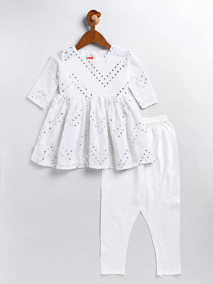 Girl's White Mirror Kurta Pyjama Set