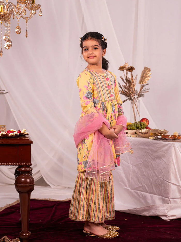Girl's' Yellow Kurta And Sharara Set