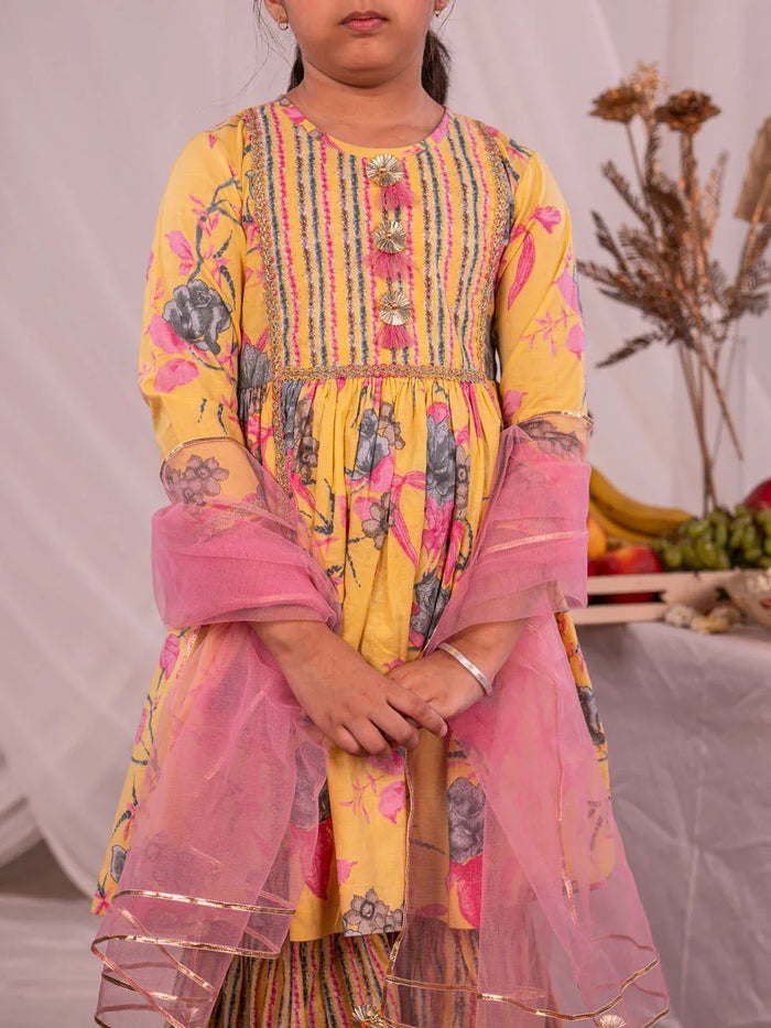 Girl's' Yellow Kurta And Sharara Set
