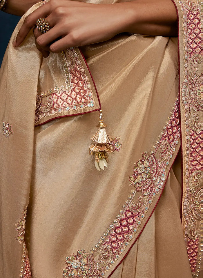 Golden Beige Embroidery & Hand Work Saree