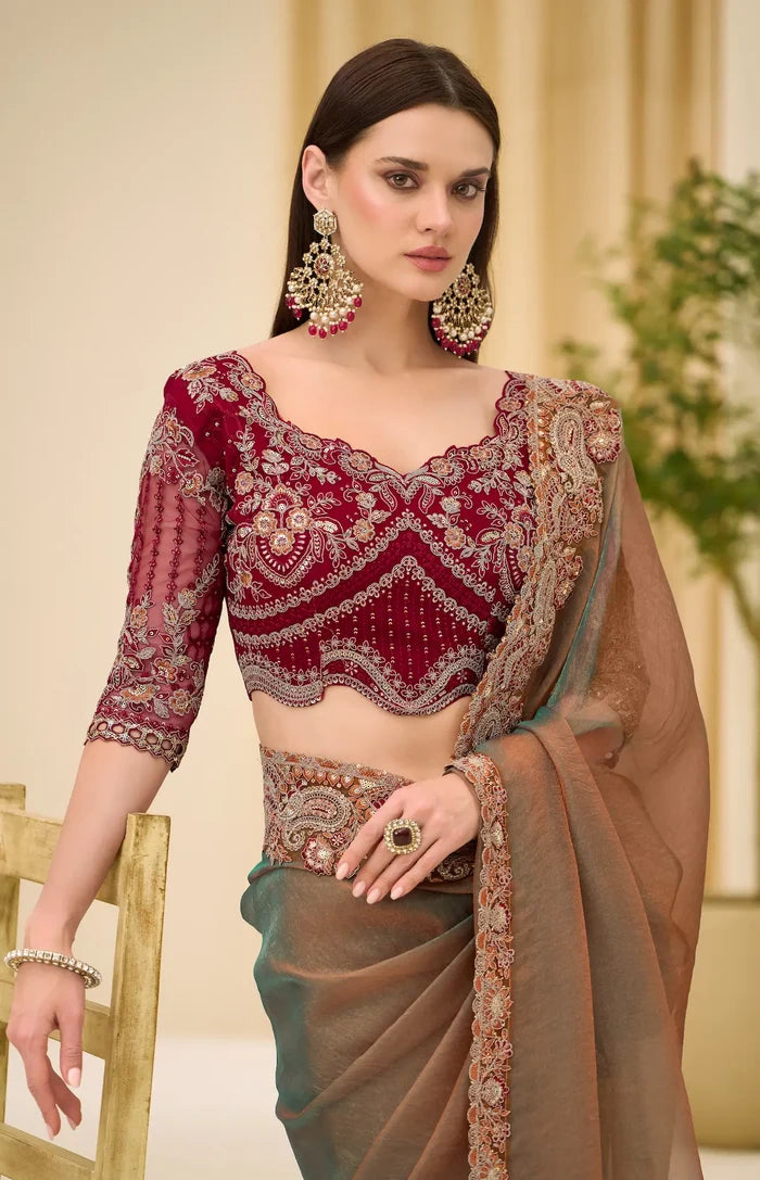 Golden Olive Georgette Party wear Saree