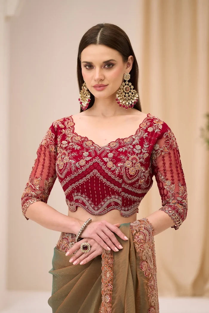 Golden Olive Georgette Party wear Saree